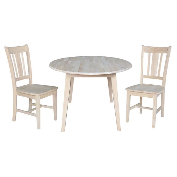 International Concepts 3-Pc 42-in Solid Unfinished Wood Round Dual Drop Leaf Dining Table Set w/ 2 Chairs