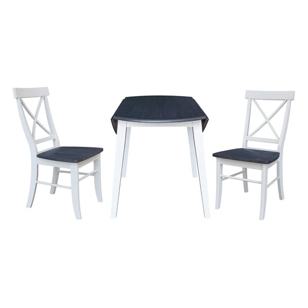 International Concepts 3-Pc 42-in Solid Wood Round Dual Drop Leaf Dining Table Set w/ 2 Chairs - White/Heather Grey