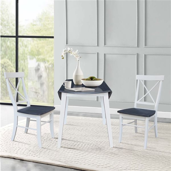 International Concepts 3-Pc 42-in Solid Wood Round Dual Drop Leaf Dining Table Set w/ 2 Chairs - White/Heather Grey