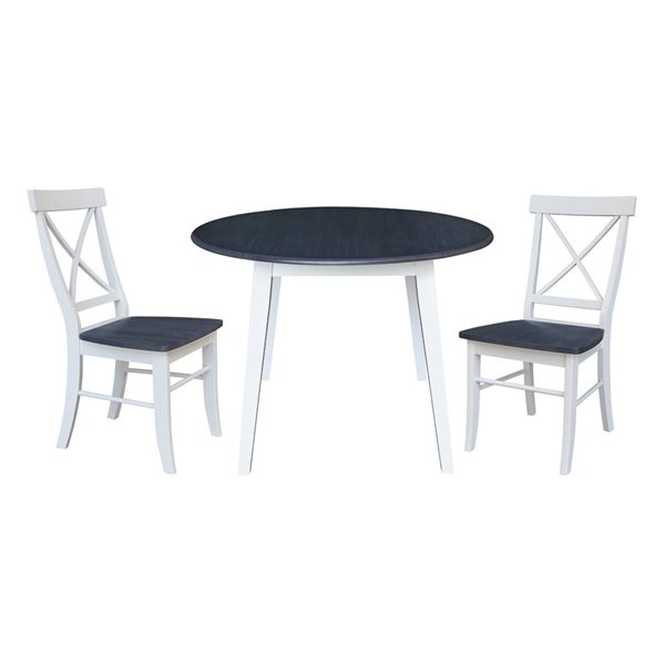 International Concepts 3-Pc 42-in Solid Wood Round Dual Drop Leaf Dining Table Set w/ 2 Chairs - White/Heather Grey