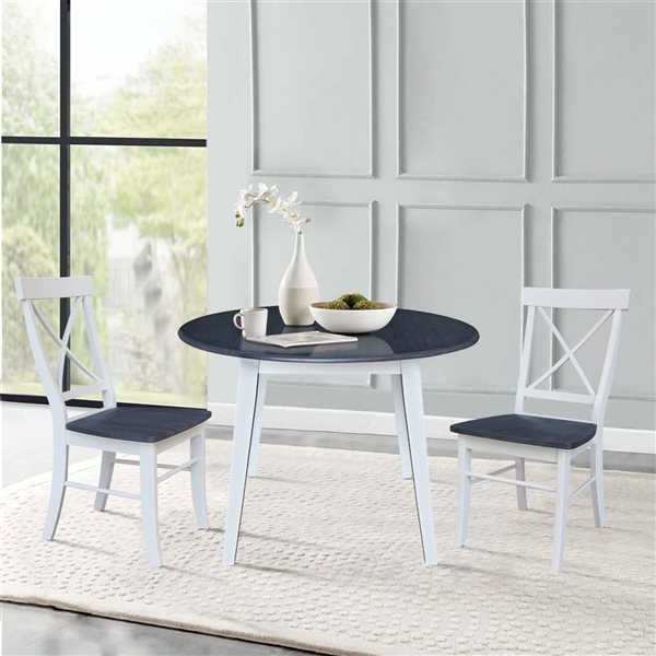 International Concepts 3-Pc 42-in Solid Wood Round Dual Drop Leaf Dining Table Set w/ 2 Chairs - White/Heather Grey