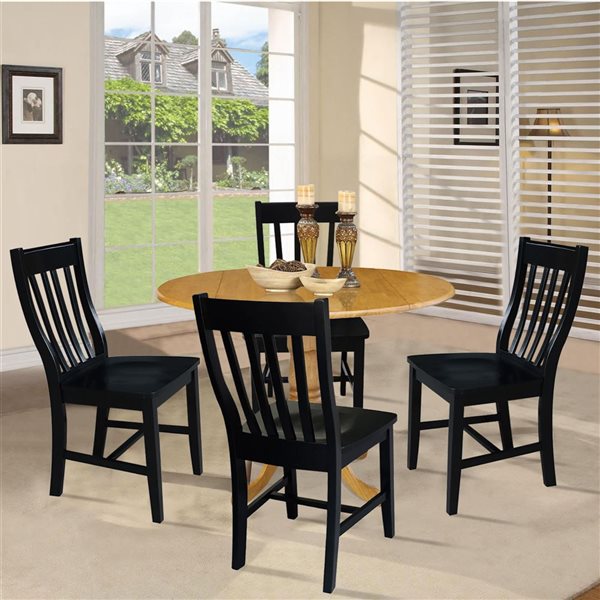 International Concepts 5-Pc 42-in Dual Drop Leaf Wood Dining Table Set w/ 4 Slat Back Dining Chairs - Oak/Black