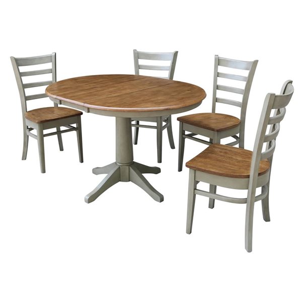 International Concepts 5-Pc 36-in Round Extension Wood Dining Table Set w/ 4 Emily Chairs - Distressed Hickory/Stone