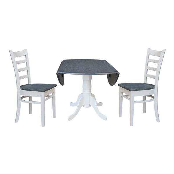 International Concepts 3-Pc 42-in Dual Drop Leaf Wood Dining Table Set w/ 2 Emily Side Chairs - White/Heather Grey