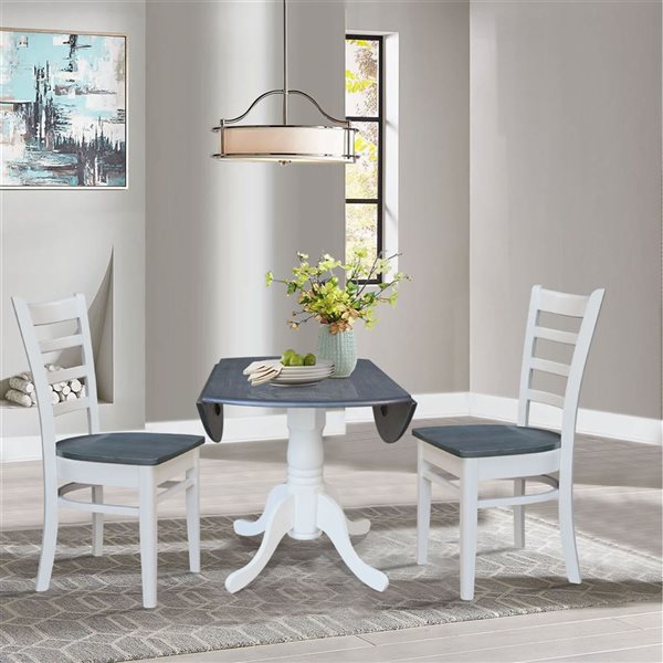 International Concepts 3-Pc 42-in Dual Drop Leaf Wood Dining Table Set w/ 2 Emily Side Chairs - White/Heather Grey
