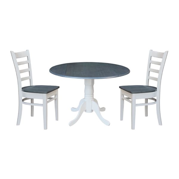 International Concepts 3-Pc 42-in Dual Drop Leaf Wood Dining Table Set w/ 2 Emily Side Chairs - White/Heather Grey