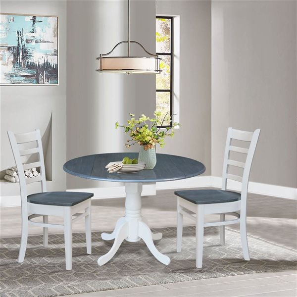 International Concepts 3-Pc 42-in Dual Drop Leaf Wood Dining Table Set w/ 2 Emily Side Chairs - White/Heather Grey