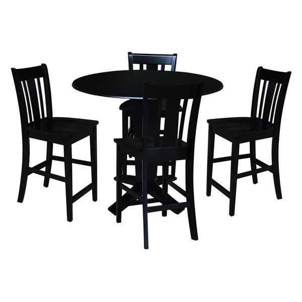 International Concepts 5-Pc 42-in Solid Wood Dual Drop Leaf Dining Table Set w/ 4 Counter Height Stools - Black