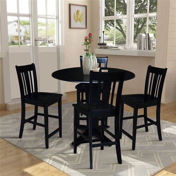 International Concepts 5-Pc 42-in Solid Wood Dual Drop Leaf Dining Table Set w/ 4 Counter Height Stools - Black