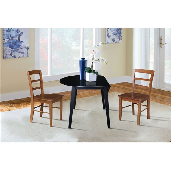 International Concepts 3-Pc 42-in Solid Wood Round Dual Drop Leaf Dining Table Set w/ 2 Chairs - Black/Distressed Oak