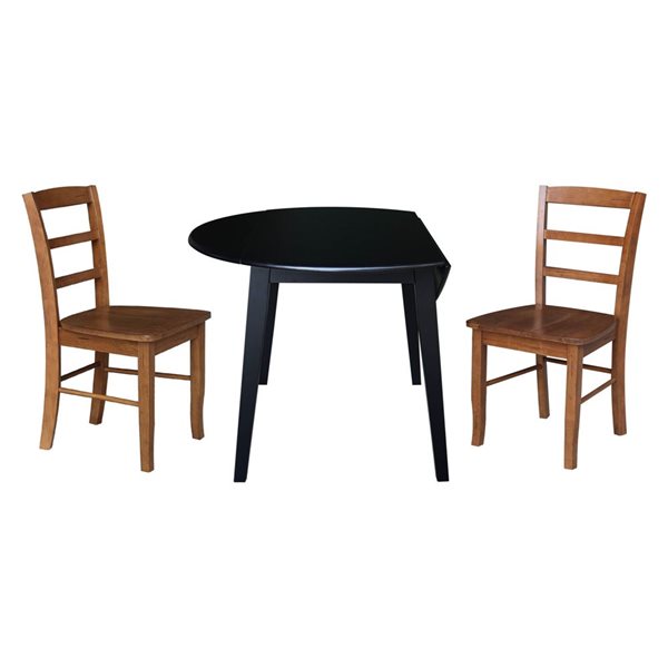 International Concepts 3-Pc 42-in Solid Wood Round Dual Drop Leaf Dining Table Set w/ 2 Chairs - Black/Distressed Oak