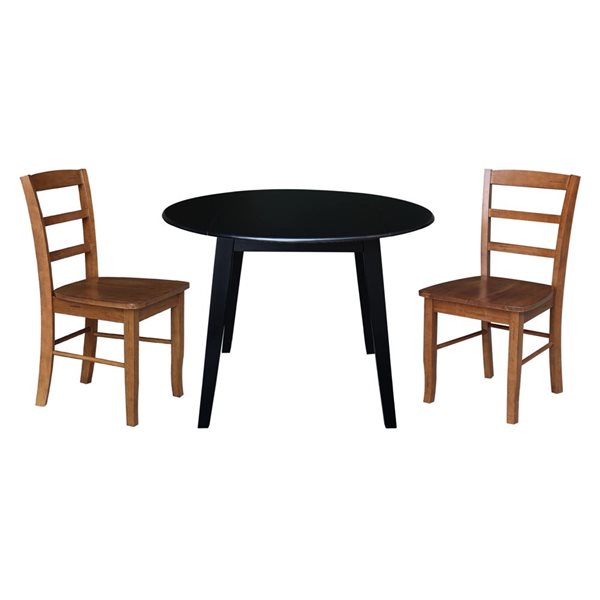 International Concepts 3-Pc 42-in Solid Wood Round Dual Drop Leaf Dining Table Set w/ 2 Chairs - Black/Distressed Oak