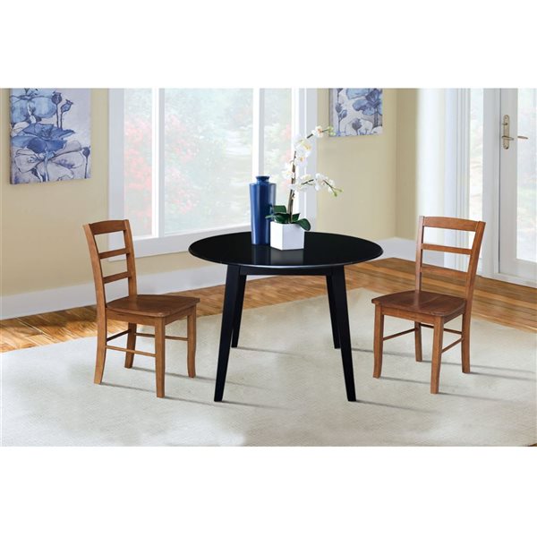 International Concepts 3-Pc 42-in Solid Wood Round Dual Drop Leaf Dining Table Set w/ 2 Chairs - Black/Distressed Oak