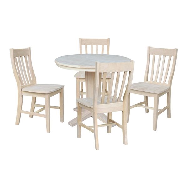 International Concepts 5-Pc 36-in Unfinished Wood Round Extension Dining Table Set w/ 12-in Leaf and 4 Dining Chairs