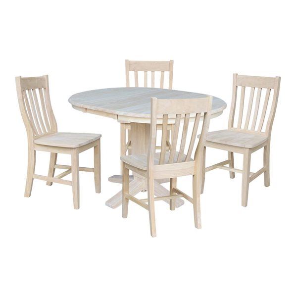 International Concepts 5-Pc 36-in Unfinished Wood Round Extension Dining Table Set w/ 12-in Leaf and 4 Dining Chairs