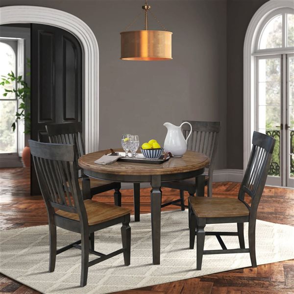 International Concepts 44 in. Solid Wood Round Top Dining Table with 4 Dining Chairs - Hickory/Washed Coal