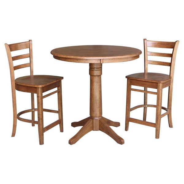 International Concepts 36-in Solid Wood Round Top Pedestal Counter Height Table with 2 Stools - Distressed Oak