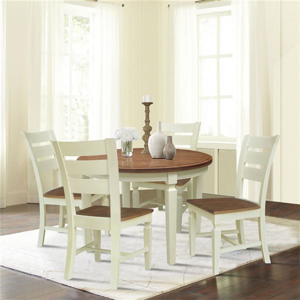 International Concepts 44-in Solid Wood Round Top Dining Table with 4 Dining Chairs in Hickory/Shell