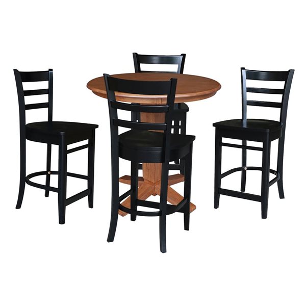 International Concepts 36-in Solid Wood Round Top Pedestal Dining Table w/ 4 Counter High Stools - Distressed Oak/Black