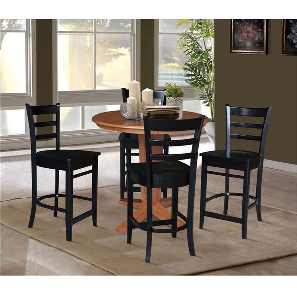 International Concepts 36-in Solid Wood Round Top Pedestal Dining Table w/ 4 Counter High Stools - Distressed Oak/Black