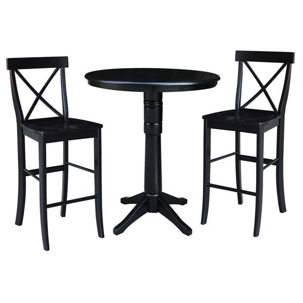 International Concepts 36-in Solid Wood Round Top Pedestal Bar Height Dining Table with 2 X-Back Stools - Black