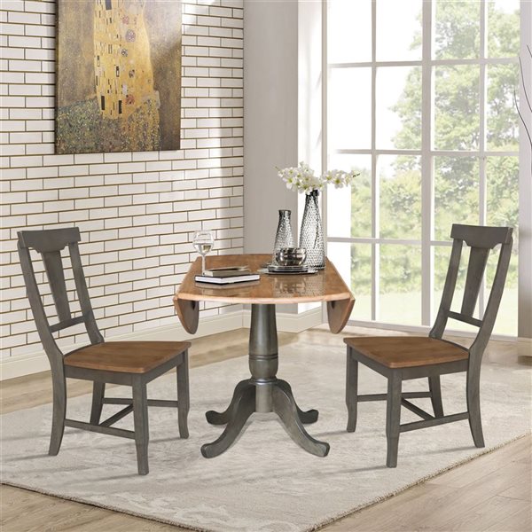 International Concepts 42-in Dual Drop Dining Table with 2 Panel Back Chairs in Hickory/Washed Coal