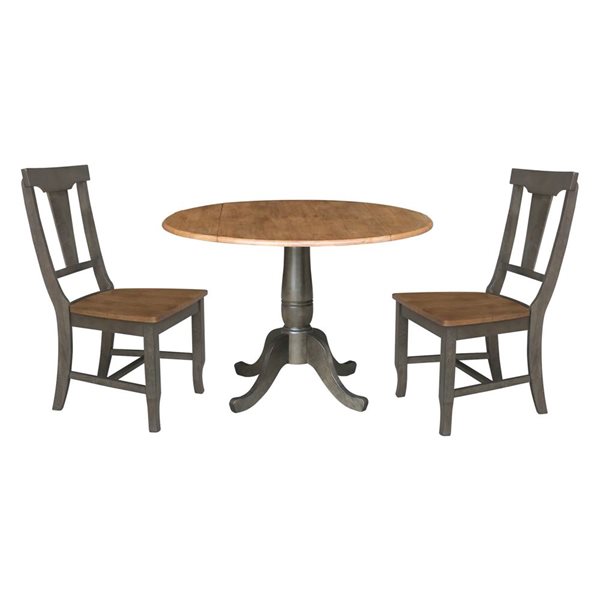 International Concepts 42-in Dual Drop Dining Table with 2 Panel Back Chairs in Hickory/Washed Coal