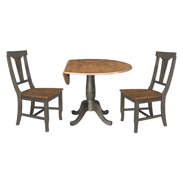International Concepts 42-in Dual Drop Dining Table with 2 Panel Back Chairs in Hickory/Washed Coal