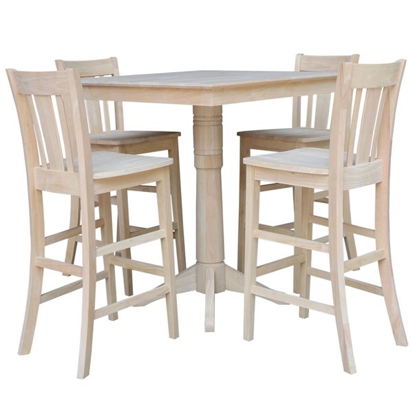 International Concepts 5-Pc 36-in Square Top Pedestal Unfinished Wood Table Set w/ 4 Bar Height Stools
