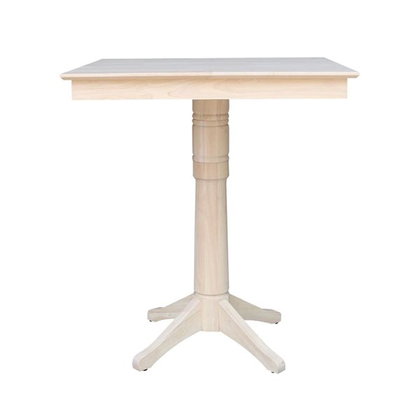 International Concepts 5-Pc 36-in Square Top Pedestal Unfinished Wood Table Set w/ 4 Bar Height Stools