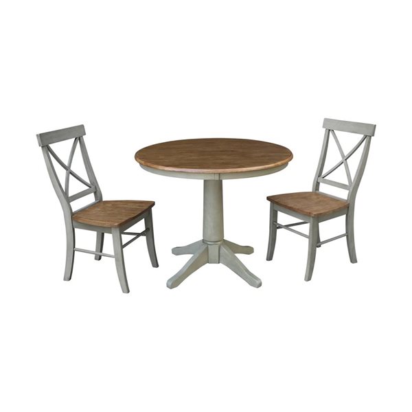 International Concepts 36-in Round Top Pedestal Wood Dining Table with 2 X-Back Chairs - Distressed Hickory/Stone