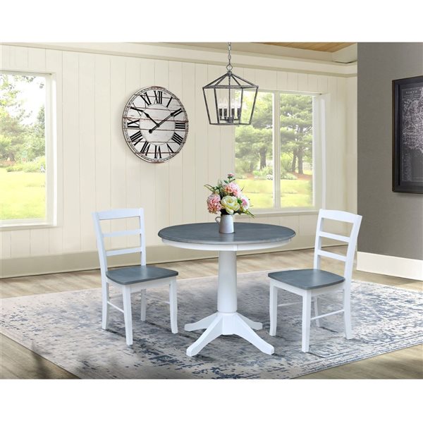 International Concepts 36-in Round Top Pedestal Wood Dining Table with 2 Madrid Chairs - White/Heather Grey
