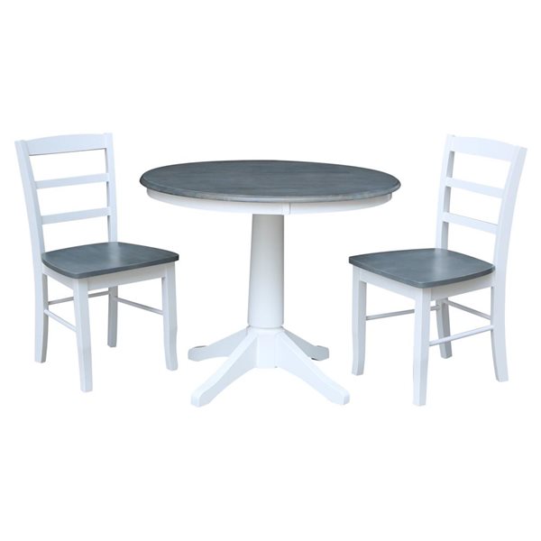 International Concepts 36-in Round Top Pedestal Wood Dining Table with 2 Madrid Chairs - White/Heather Grey