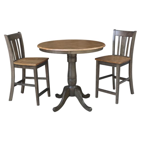 International Concepts 36-in Solid Wood Round Pedestal Dining Table w/ 2 San Remo Stools - Hickory/Washed Coal