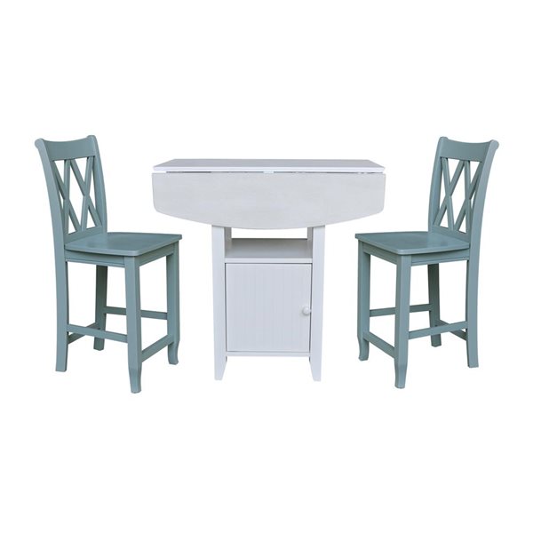 International Concepts Dual Drop Leaf Bistro Wood Table with Storage and 2 Counter Height Stools - White/Chalk Antiqued