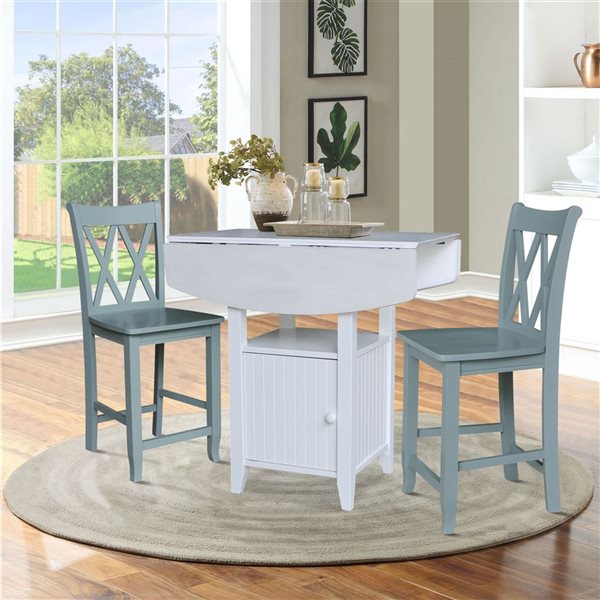 International Concepts Dual Drop Leaf Bistro Wood Table with Storage and 2 Counter Height Stools - White/Chalk Antiqued