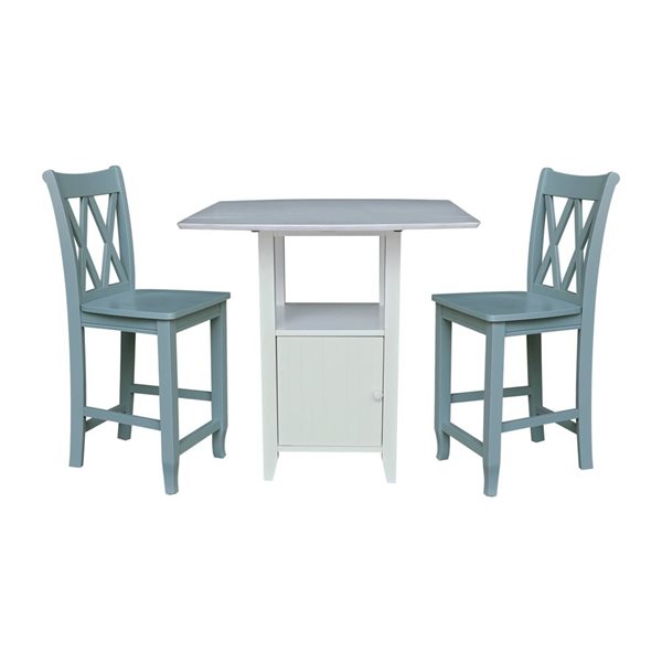 International Concepts Dual Drop Leaf Bistro Wood Table with Storage and 2 Counter Height Stools - White/Chalk Antiqued