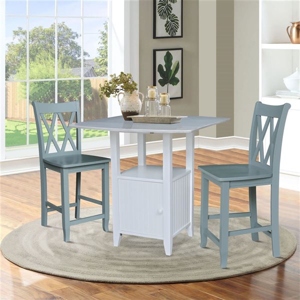 International Concepts Dual Drop Leaf Bistro Wood Table with Storage and 2 Counter Height Stools - White/Chalk Antiqued