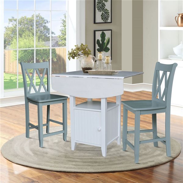 International Concepts Dual Drop Leaf Bistro Wood Table with Storage and 2 Counter Height Stools - White/Chalk Antiqued