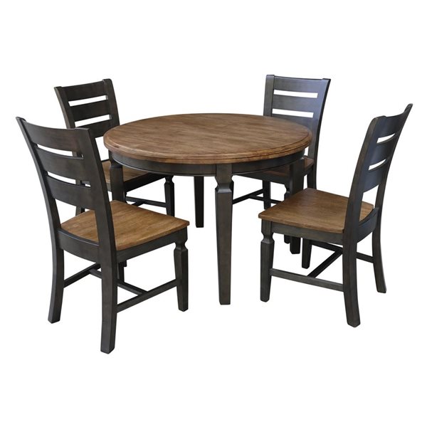 International Concepts 44-in Solid Wood Round Top Dining Table with 4 Dining Chairs - Hickory/Washed Coal