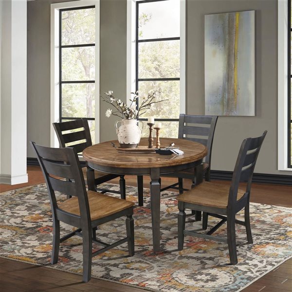 International Concepts 44-in Solid Wood Round Top Dining Table with 4 Dining Chairs - Hickory/Washed Coal