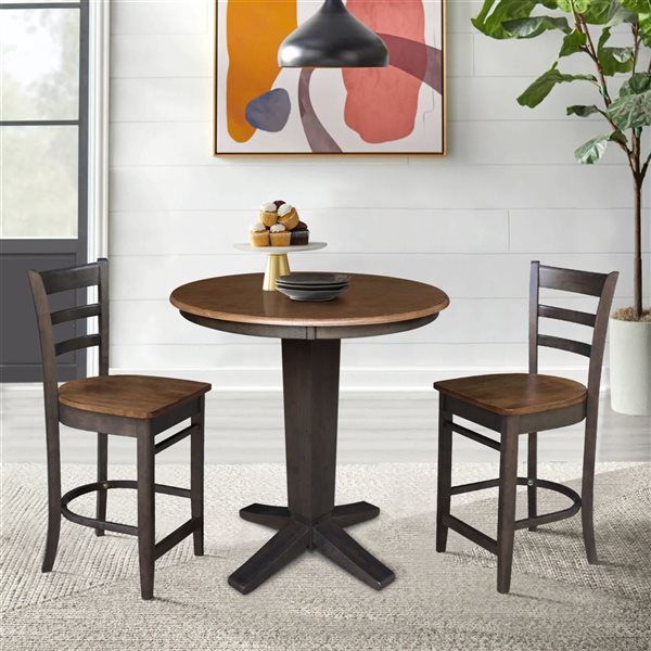 International Concepts 36-in Solid Wood Round Top Pedestal Dining Table with 2 Counter Height Stools