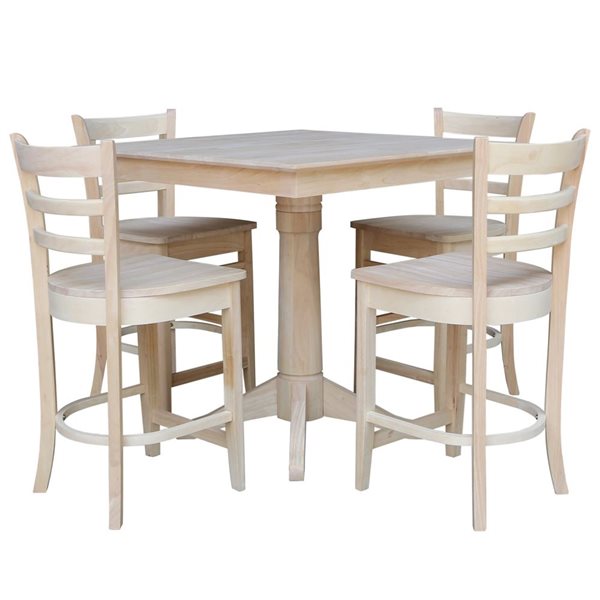 International Concepts 5-Pc 36-in Square Top Pedestal Unfinished Wood Table Set w/ 4 Counter Height Stools