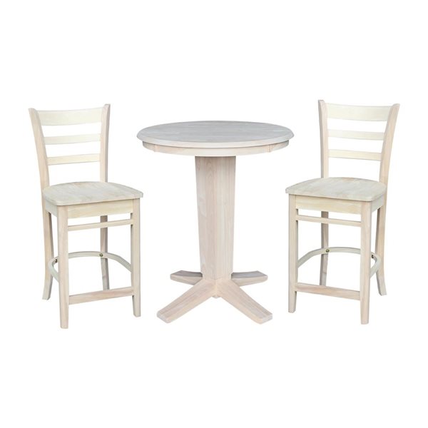 International Concepts 30-in Solid Wood Round Top Pedestal Dining Table with 2 Counter Height Stools - Unfinished