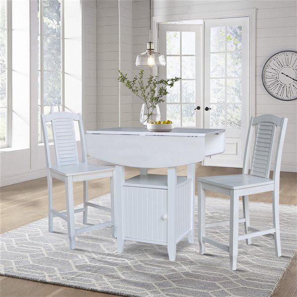 International Concepts Dual Drop Leaf Wood Bistro Table w/ Storage and 2 Counter High Stools - White/Chalk Antiqued