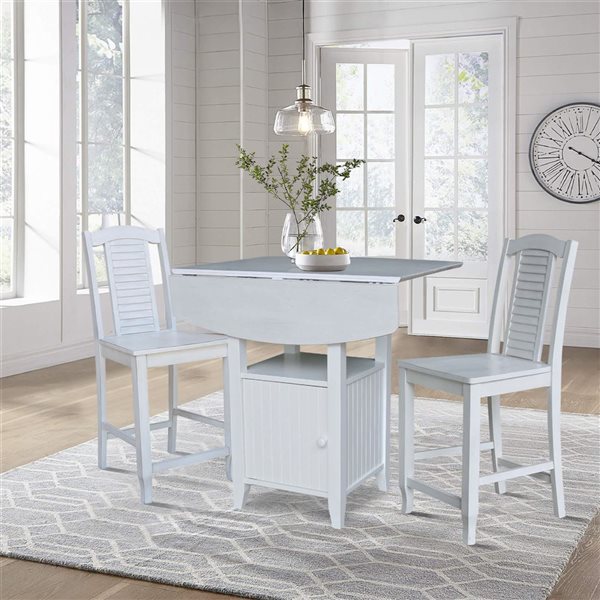 International Concepts Dual Drop Leaf Wood Bistro Table w/ Storage and 2 Counter High Stools - White/Chalk Antiqued