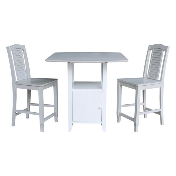 International Concepts Dual Drop Leaf Wood Bistro Table w/ Storage and 2 Counter High Stools - White/Chalk Antiqued