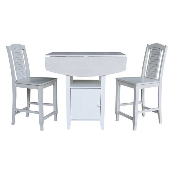 International Concepts Dual Drop Leaf Wood Bistro Table w/ Storage and 2 Counter High Stools - White/Chalk Antiqued