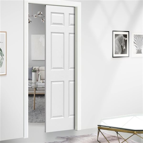CALHOME 30 x 80-in White Painted Finished Composite MDF 6 Panel Interior Door Slab for Pocket Door