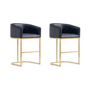 Manhattan Comfort Louvre 2-Pack Black and Gold Mid-Century Faux Leather Upholstered Counter Stool